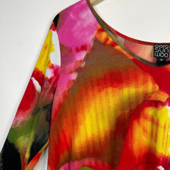 Clara Sunwoo Sun Woo Flowy Abstract Floral Asymmetrical Tunic Top Knit Womens XL - Picture 6 of 10